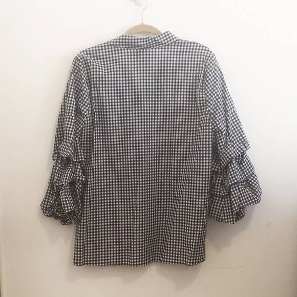 Neiman Marcus Ruffle-Sleeve Gingham Blouse - Picture 2 of 5